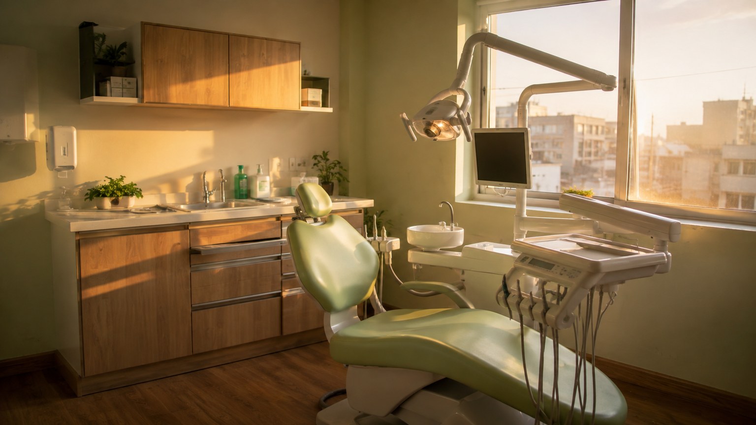 Consultorio dental ordenado bajo la luz dorada del amanecer