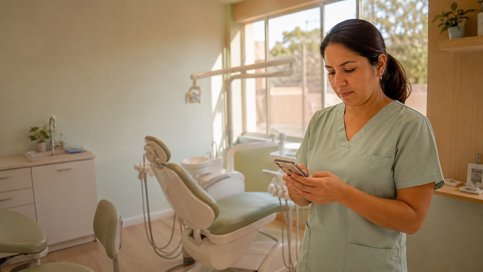Dentista con su consultorio en orden, revisando el expediente de su paciente en el teléfono bajo la luz de la mañana