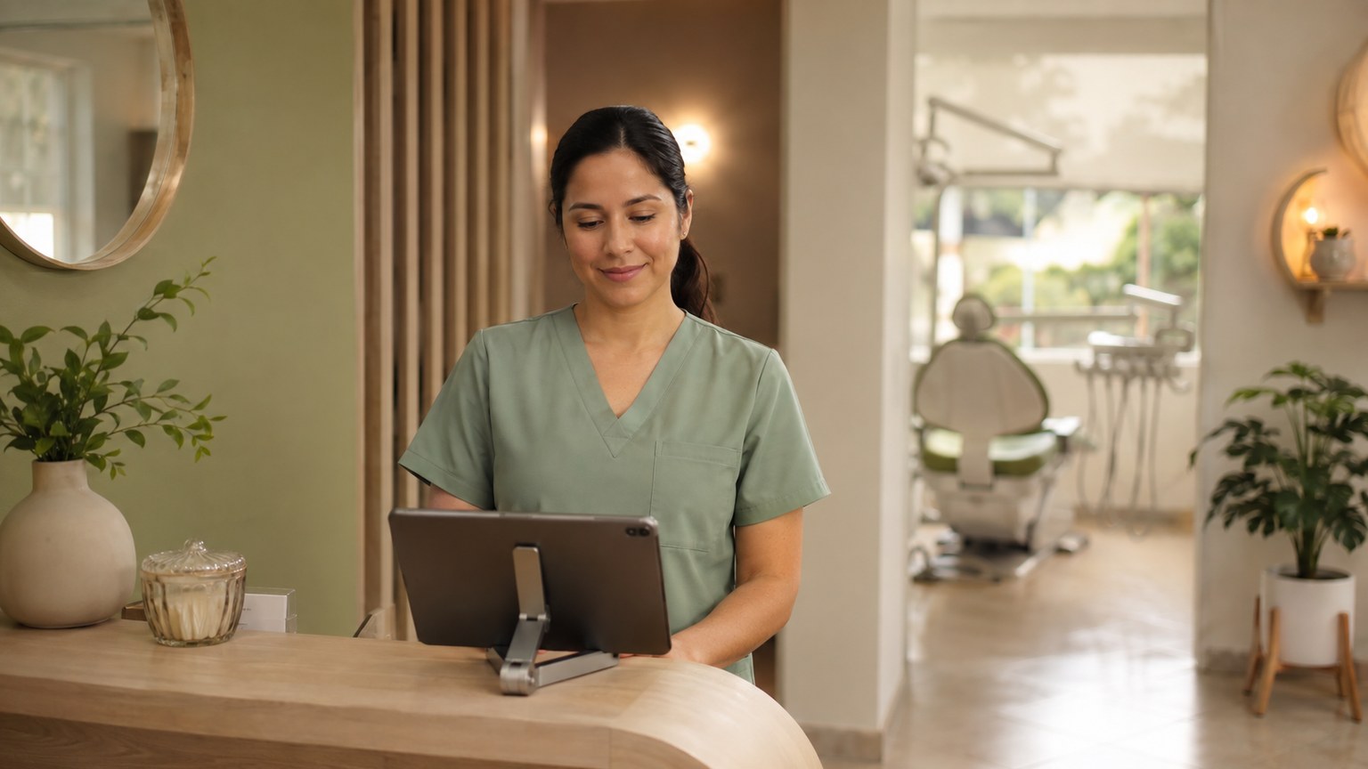 La dentista en la recepción de su consultorio, con el día bajo control en la pantalla de su tableta