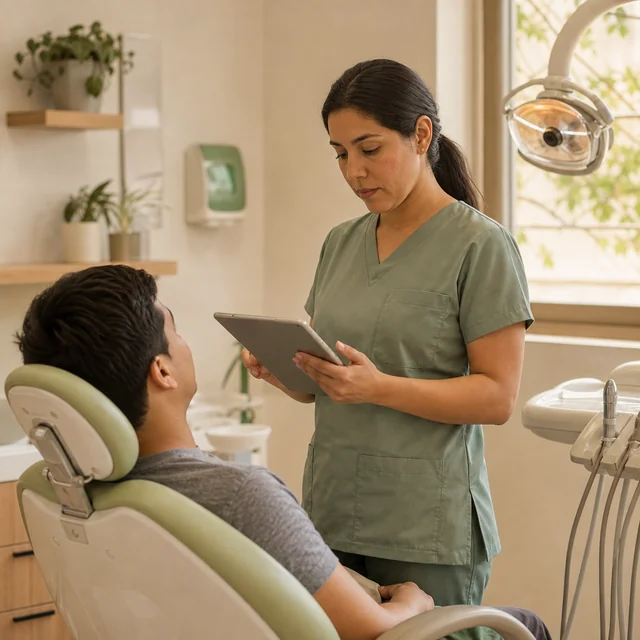 La dentista revisa el expediente completo de su paciente en una tableta antes de atenderlo