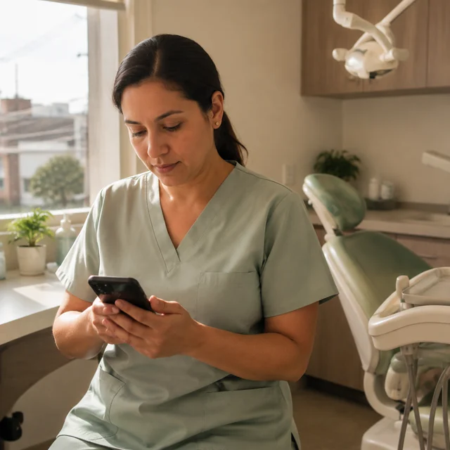 La dentista mira en su teléfono las fotos que le mandó un paciente