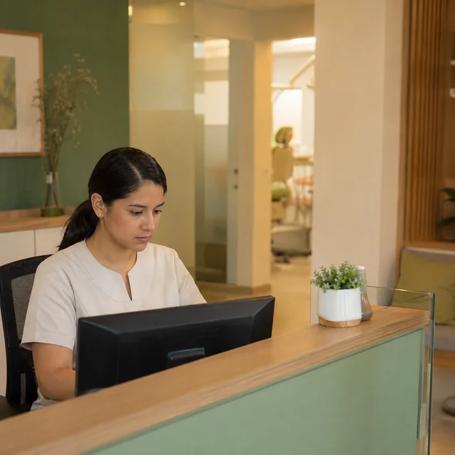 La recepción del consultorio revisa las citas confirmadas para el día siguiente