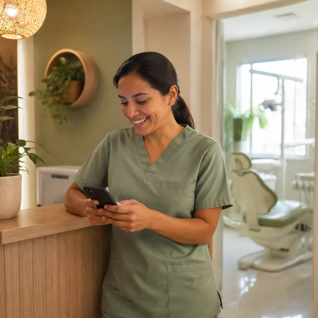 La dentista sonríe al ver una buena reseña de un paciente en su teléfono