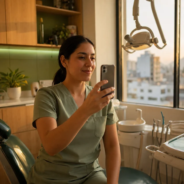 La dentista graba un reel de un caso terminado al atardecer con su teléfono